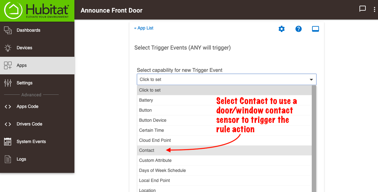 Screenshot of "Select capability for trigger event" (choose "Contact Sensor")