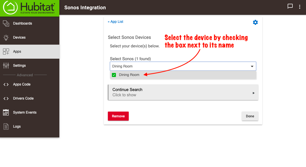 Screenshot: checkbox next to device(s) to add in list of discovered devices