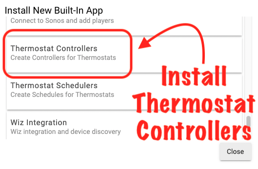 Screenshot: "Thermostat Controllers" in built-in apps list