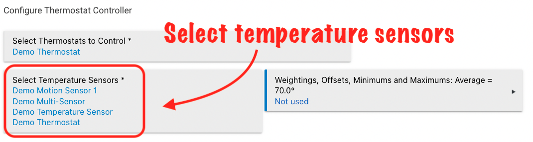 Screenshot of Thermostat Controller, highlighting "Select Temperature Sensors"