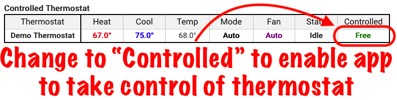 Screenshot of "Free/Controlled" toggle (set to "Controlled" to let Thermostat Controller take over)