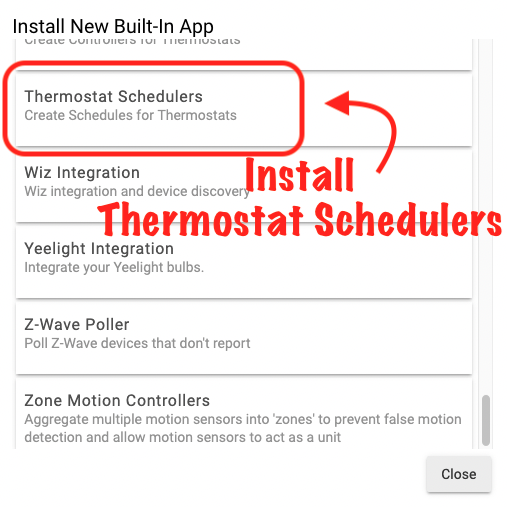 Screenshot of Thermostat Scheduler in built-in apps list