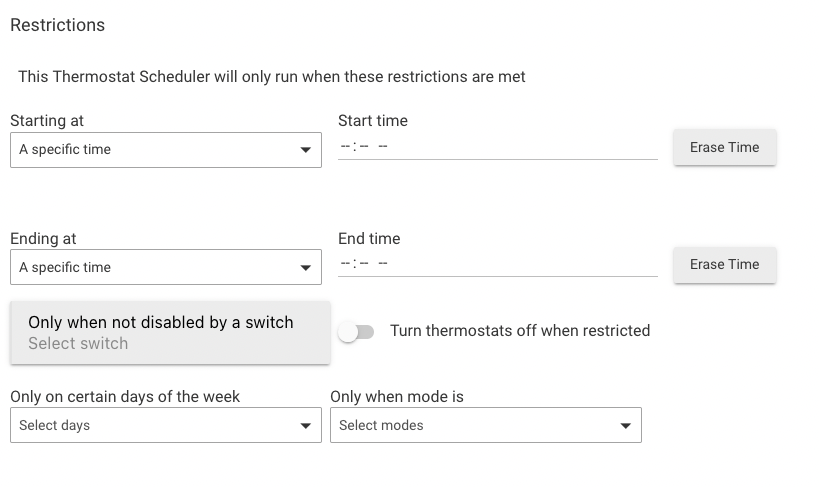 Screenshot of "Restrictions" section in Thermostat Controller preferences