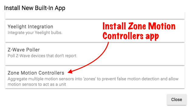 Screenshot of Zone Motion Controllers in built-in apps list