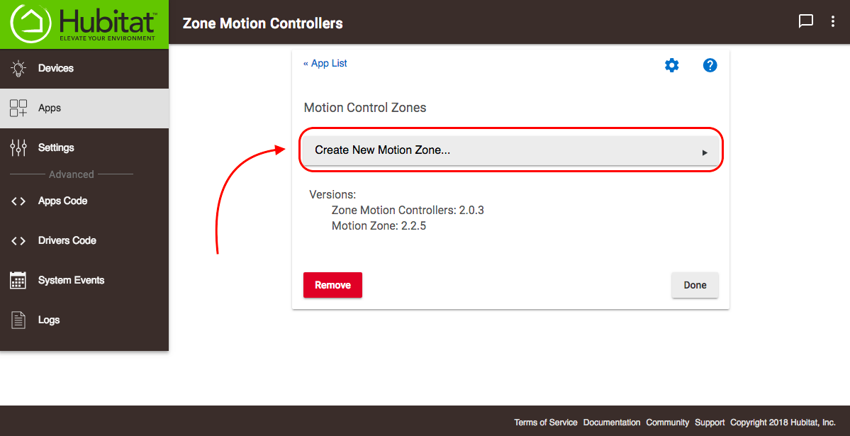Screenshot of "Create New Motion Zone..." link