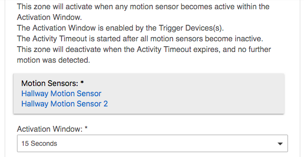 Screenshot of motion sensor and activation window options