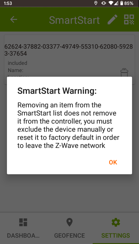 Screenshot: SmartStart removal warning