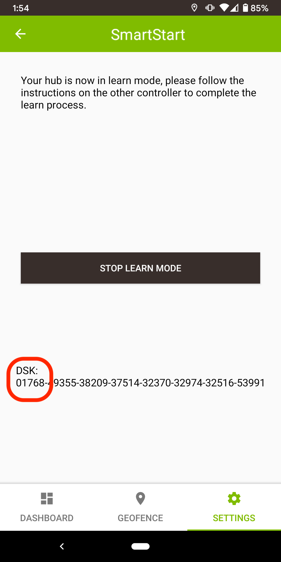 Screenshot: "Stop Learn Mode" button and DSK