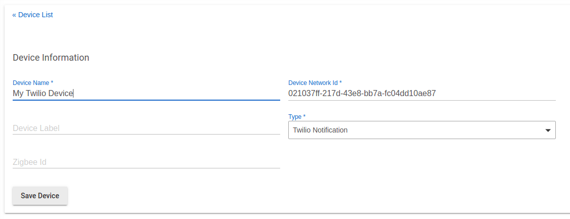 Screenshot of "Device Information" section for Twilio device