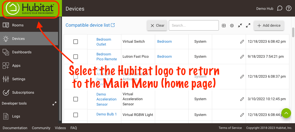 Screenshot of Hubitat logo in top left of admin UI