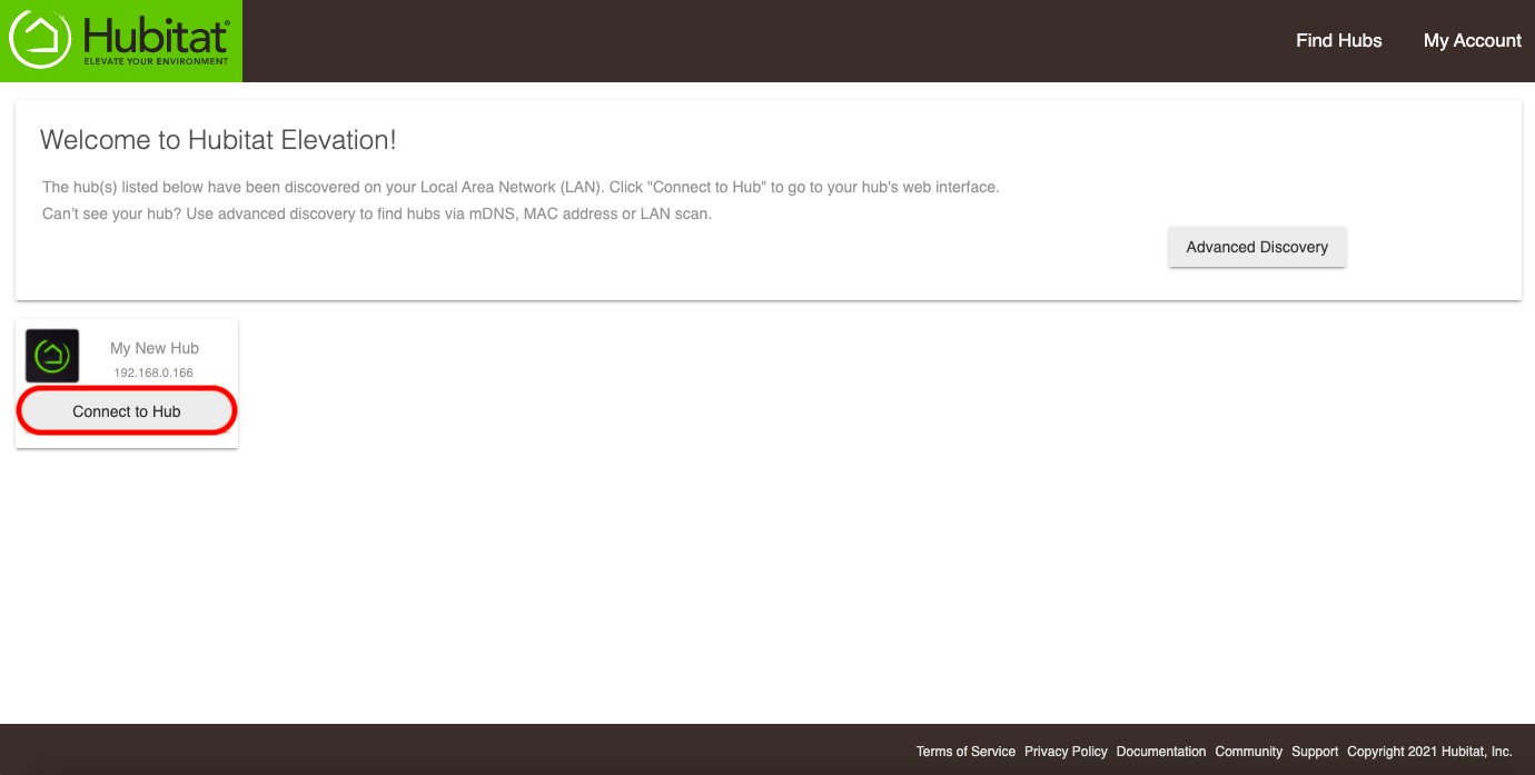 Screenshot: "Connect to Hub" button on findmyhub.hubitat.com website