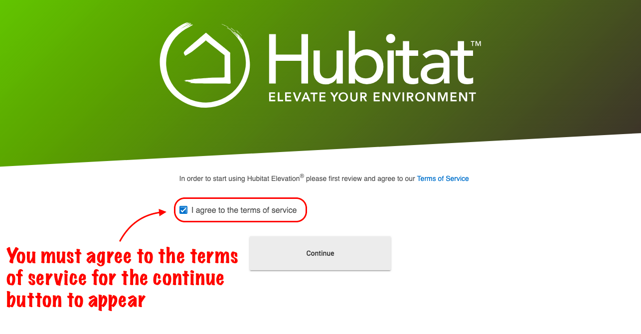 Screenshot: Accepting Terms of Service on findmyhub.hubitat.com webpage