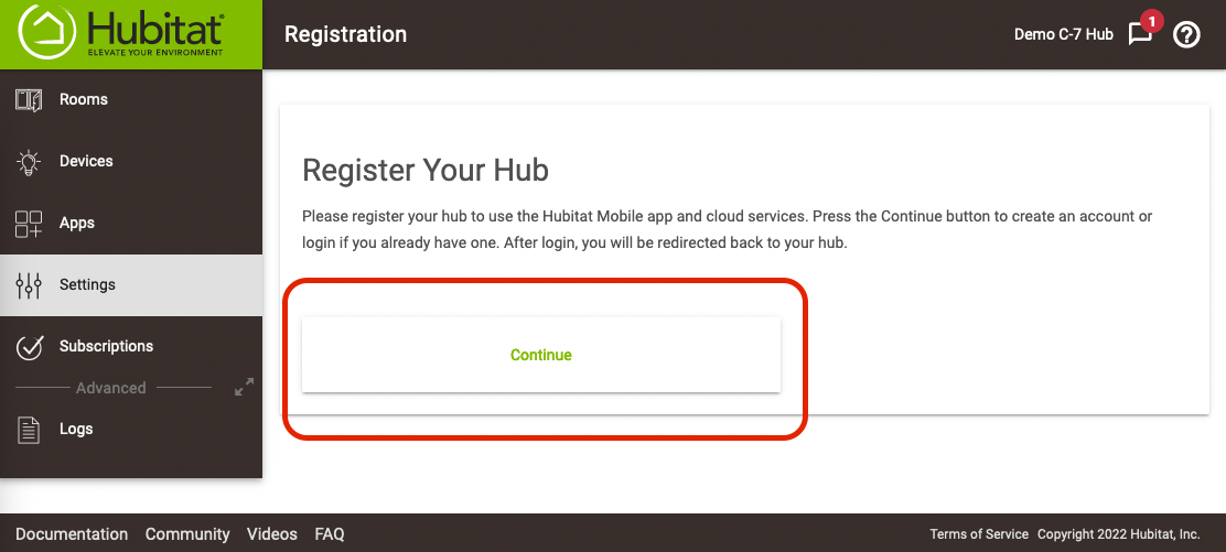 Screenshot: "Continue" button on Register hub page