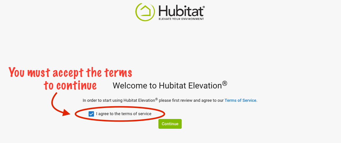 Screenshot: Accepting Terms of Service on findmyhub.hubitat.com webpage