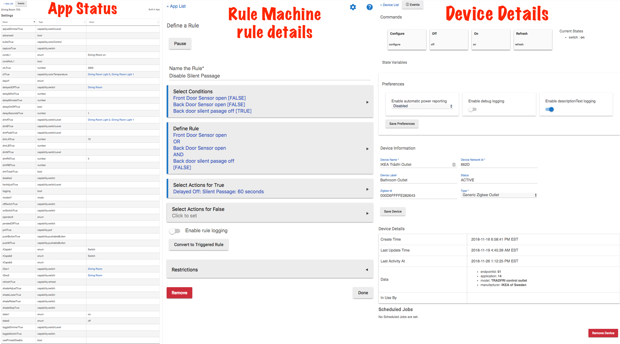 Example of App Status page, Rule Machine rule configuration, and device page details