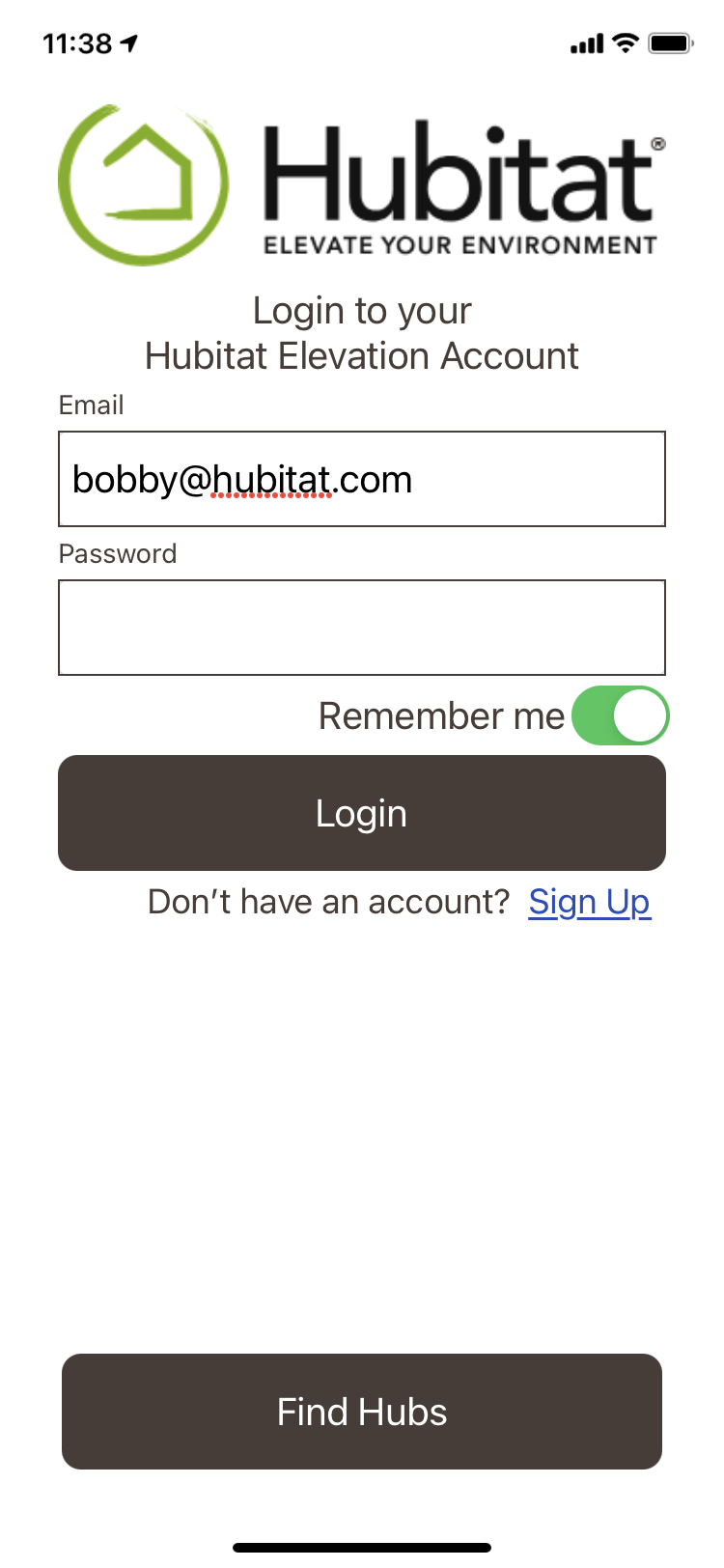 Screenshoot: Hubitat mobile app admin login