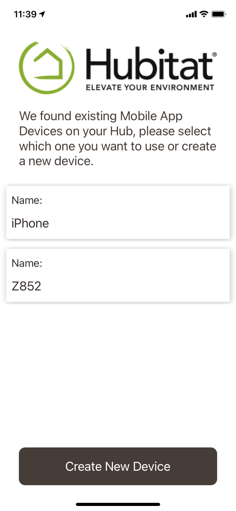 Screenshot of "Create New Device" (for mobile app device) in Hubitat mobile app