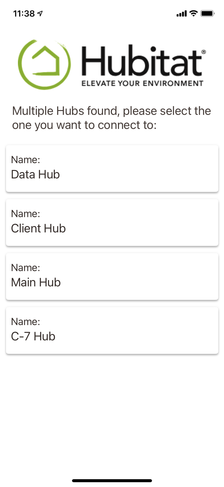 Screenshot of "Multuple hubs found. Please select the one you want to connect to" in the Hubitat mobile aoo