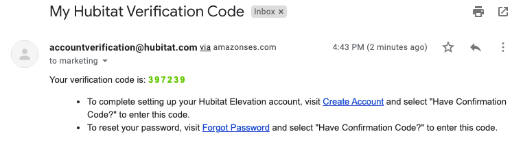 Screenshot: Example of verification code e-mail message