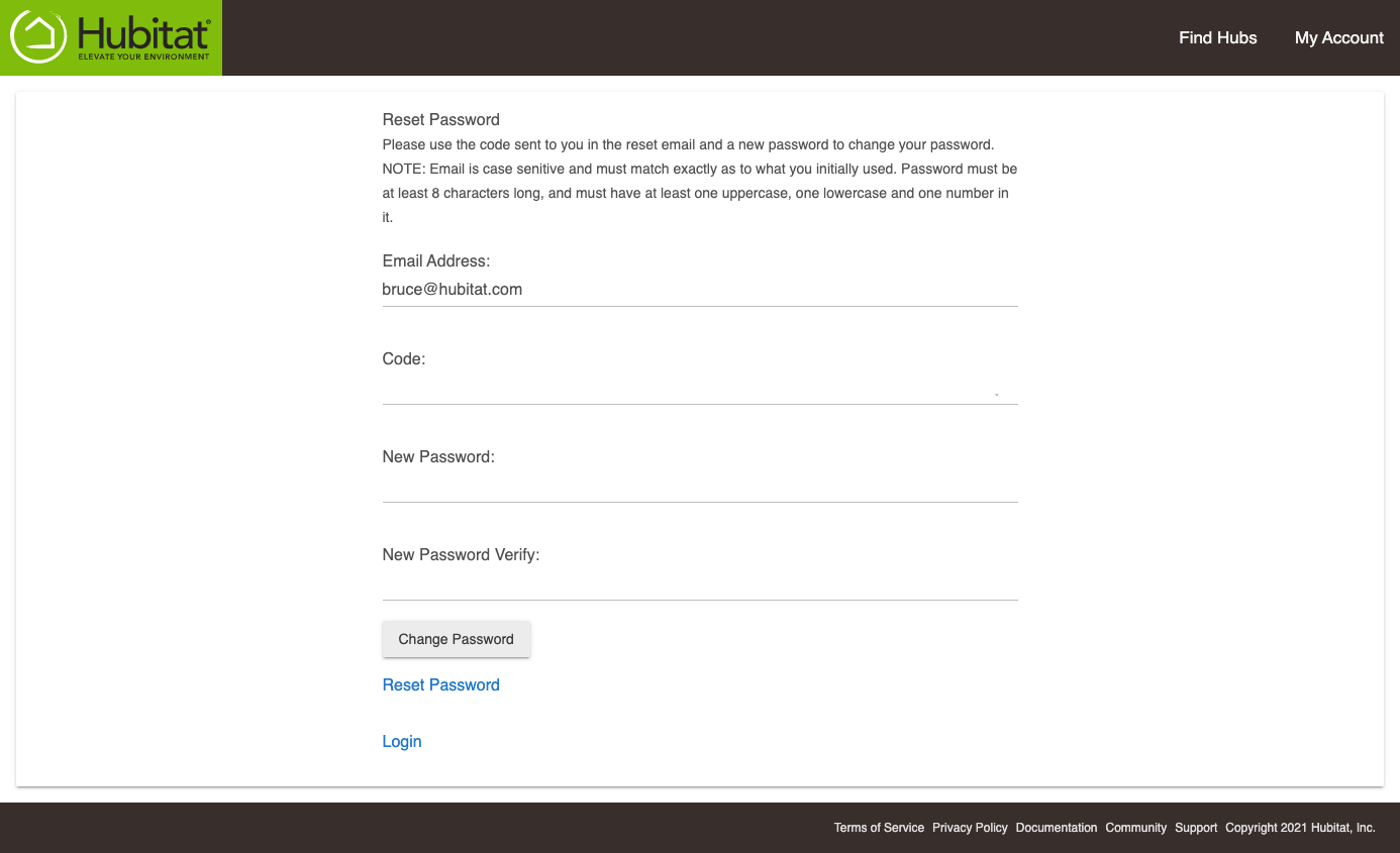 Screenshot: Password reset page, including prompt for code
