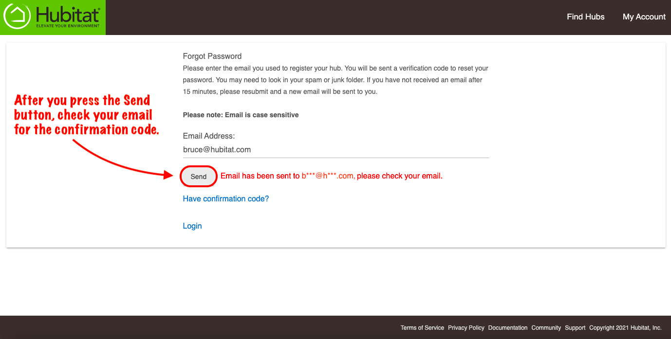 Screenshot: "Send" button in My Hubitat "Forgot Password" page