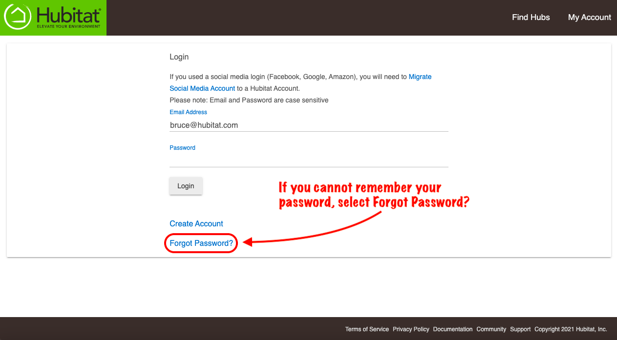 Screenshot: "Forgot Password?" link in My Hubitat