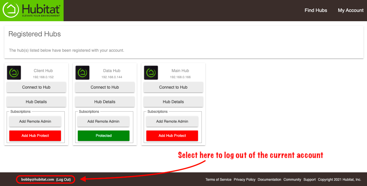Screenshot: "Log Out" option in My Hubitat portal