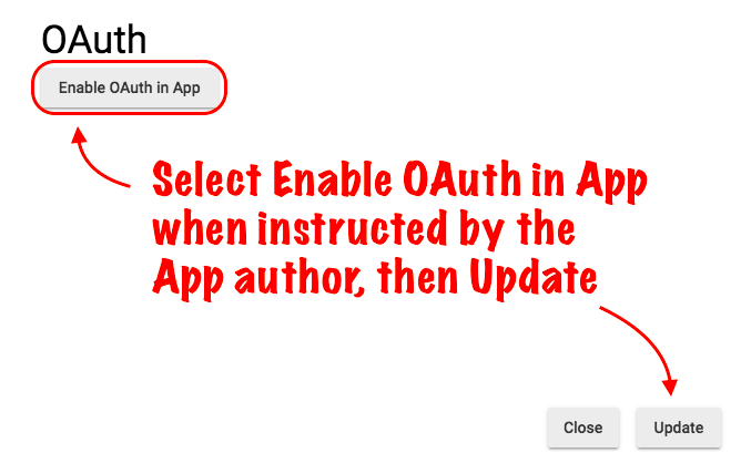 Screenshot of "Enable OAuth in App" button on OAuth page in app code