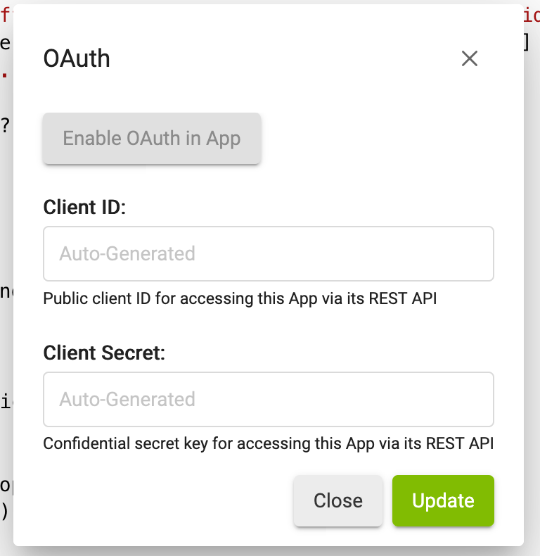 Screenshot of "Enable OAuth in App" button on OAuth page in app code