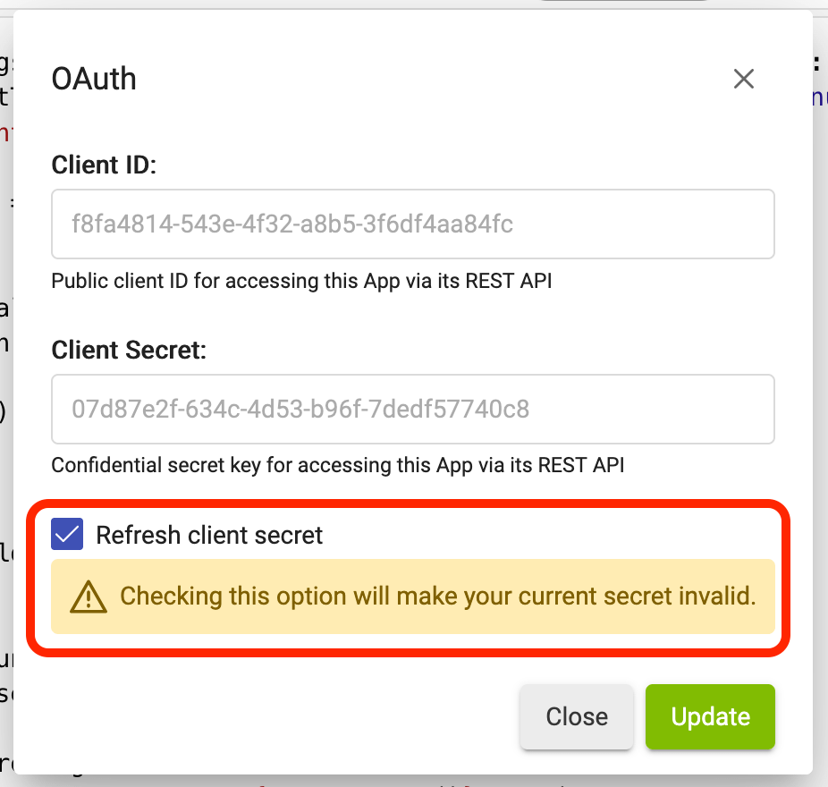 Screenshot of "Refresh client secret" checkbox in OAuth page