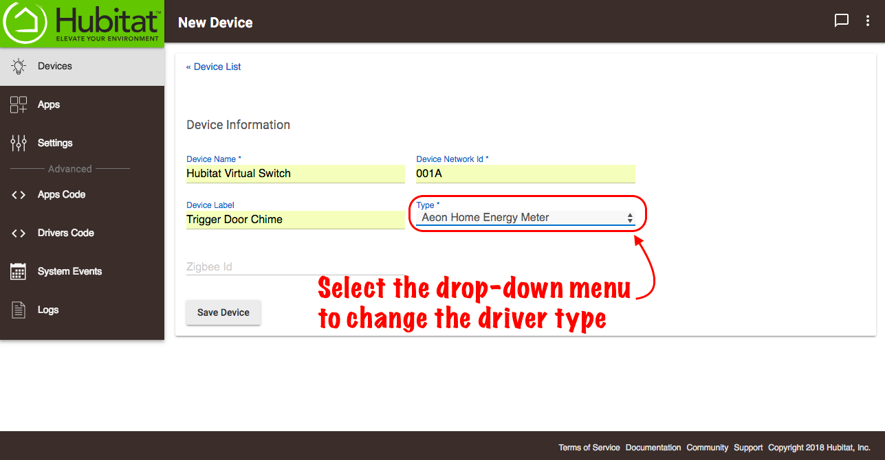 Screenshot of "Type" dropdown to select driver on device detail page