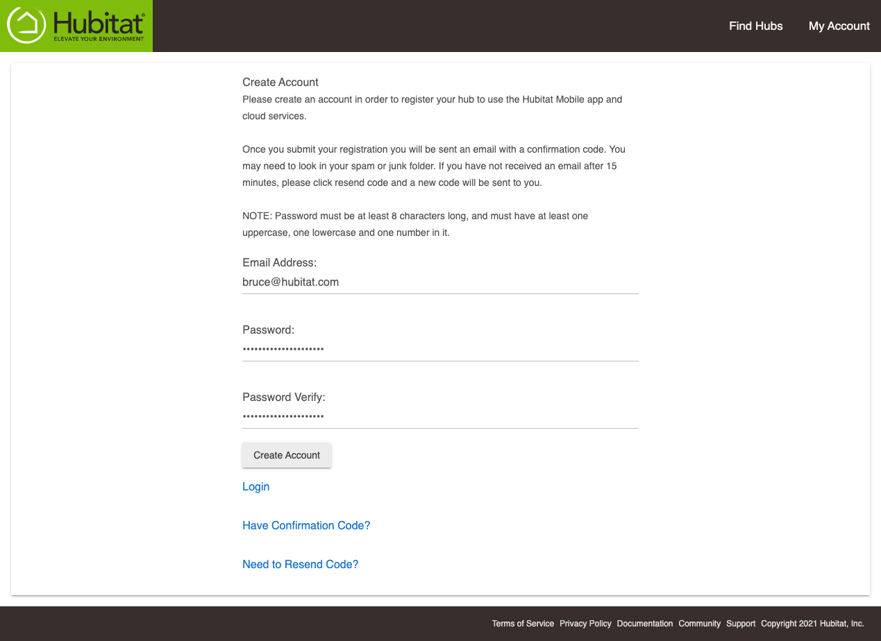 Screenshot of account creation page