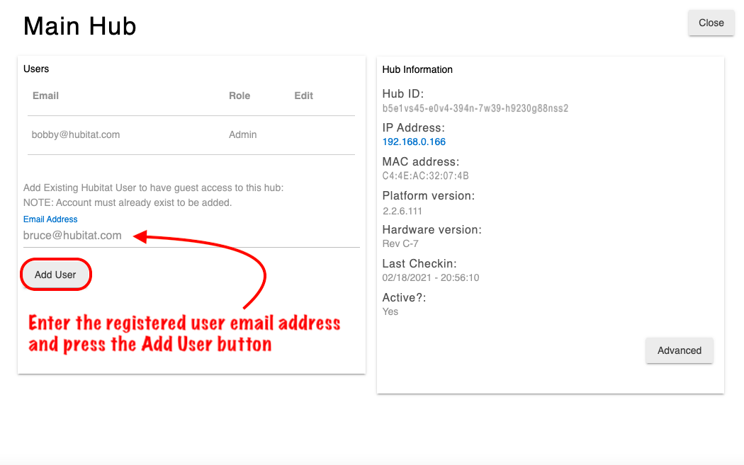 Screenshot: "Add User" button and required fields in Hub Details in My Hubitat