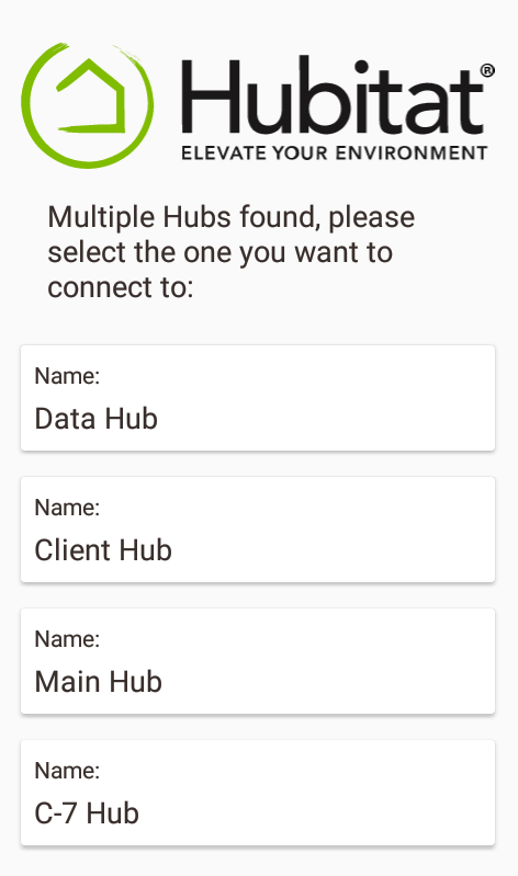 Screenshot: selecting hub in mobile app