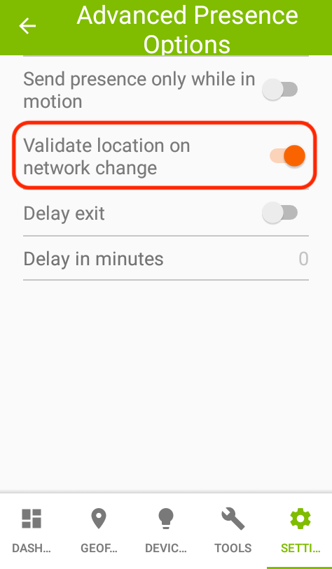 Screenshot:  validate on network change option