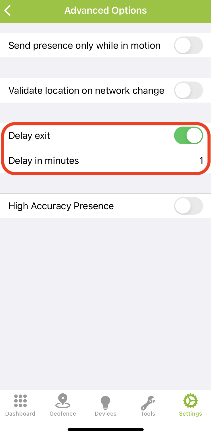 Screenshot: delay exit for geofence option