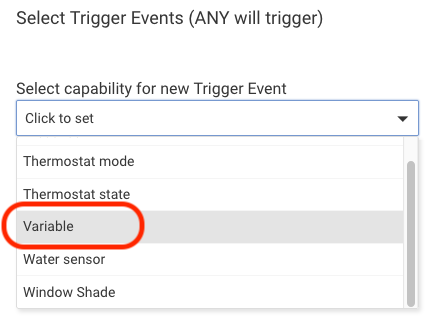 Screenshot: "Variable" capability for trigger event