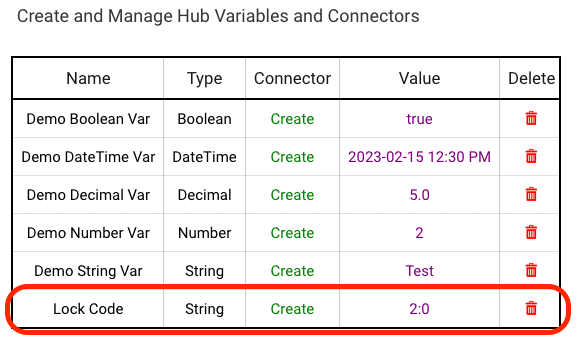 Screenshot: "Lock Code" variable of type String and initial value of "2:0" in hub variable list