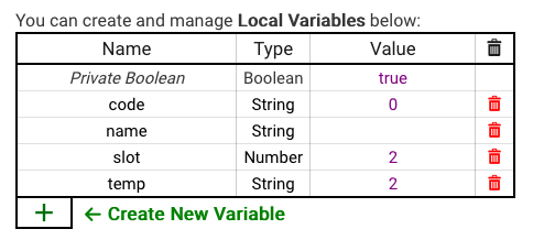 Screenshot: Local variable list containing three variables of type String: "code", "name" and "temp"; and one variable of tyle numbrer: "slot"