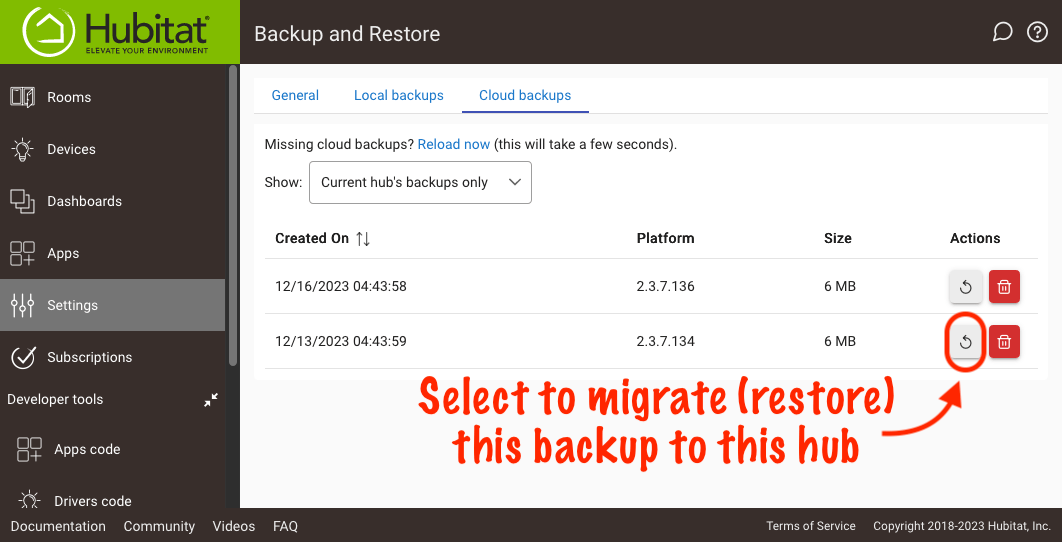 Screenshot: "Migrate" button on backup from other hub