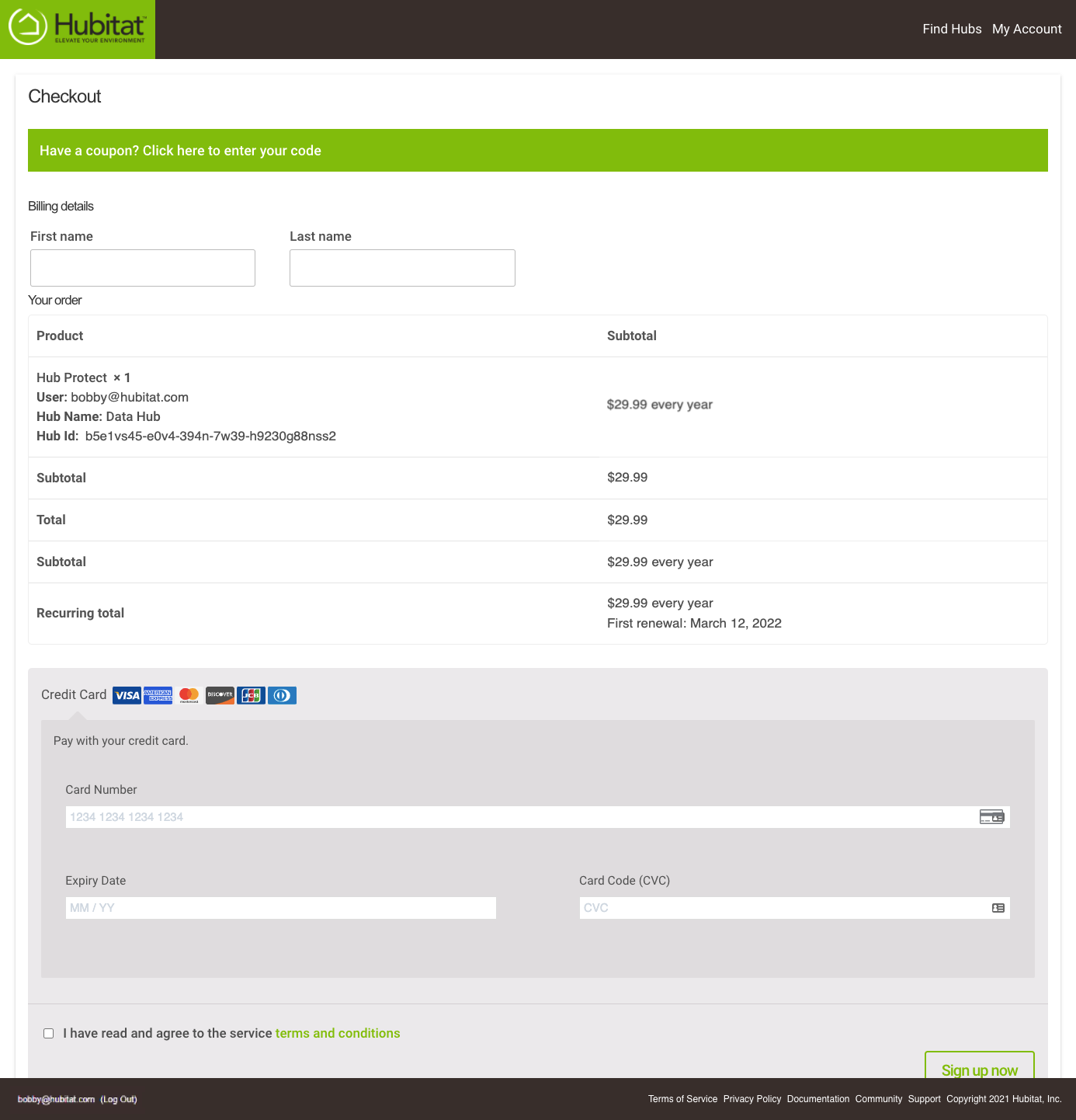 Sign-up form screenshot, asking for name and payment information