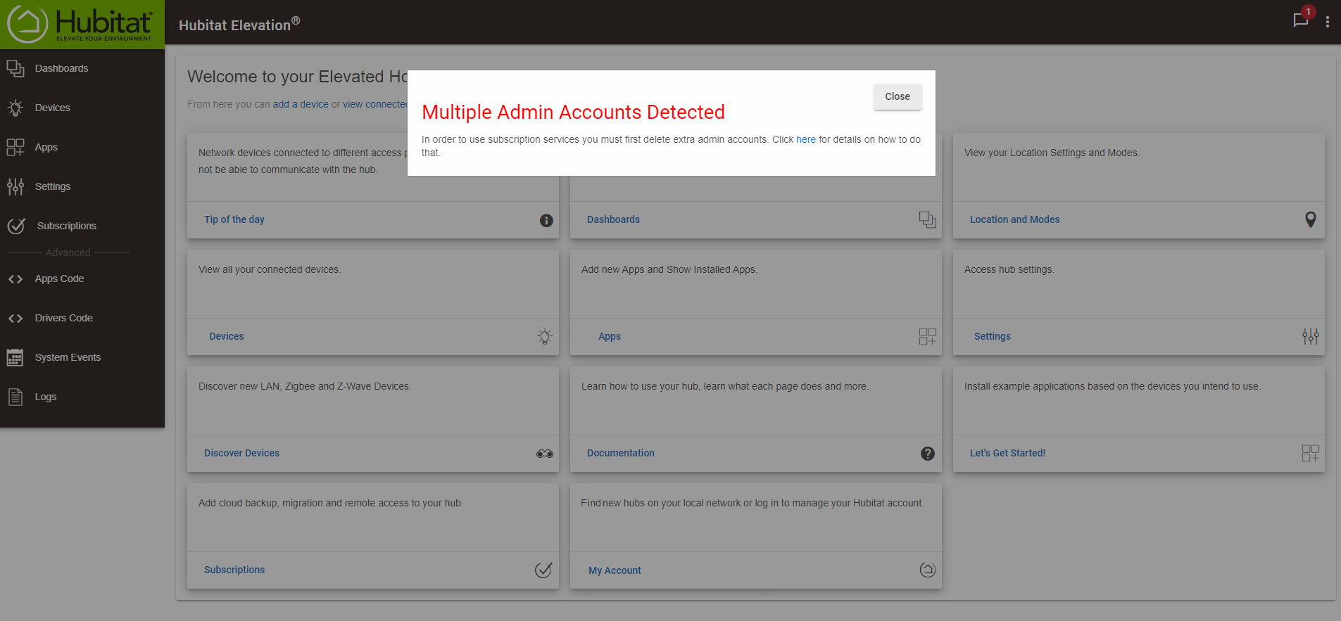 Screenshot: "Multiple Adin Accounts Detected" error