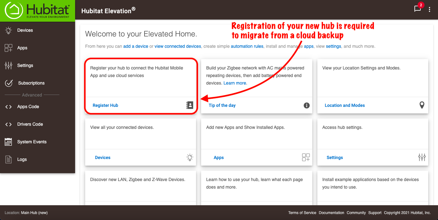 Screenshot: hub registration on new hub before migrating