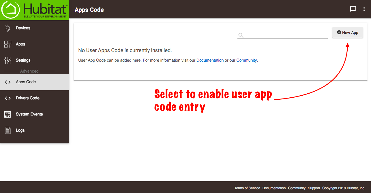 Screenshot of "New App" button on Apps Code page