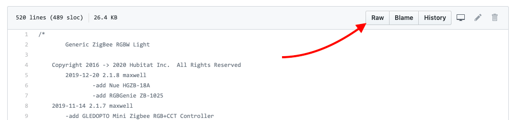 Screenshot of "Raw" button on GitHub code page (select this button to see code without formatting for easier copy/paste or for raw/import URL