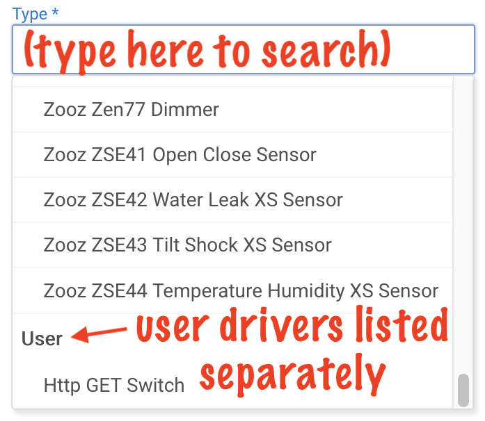 Screenshot - example driver list in "Type" dropdown