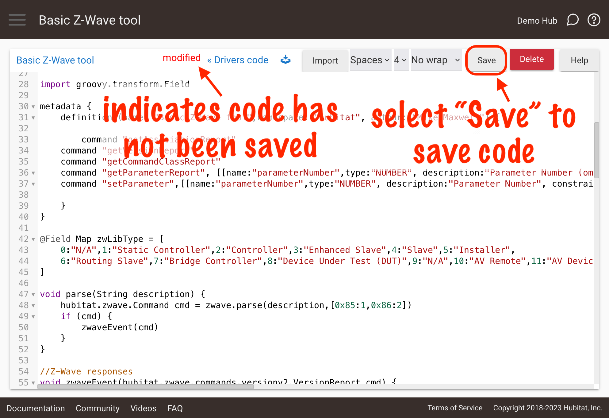 Screenshot of "modified text on driver code page, indicating "Save" should be selected