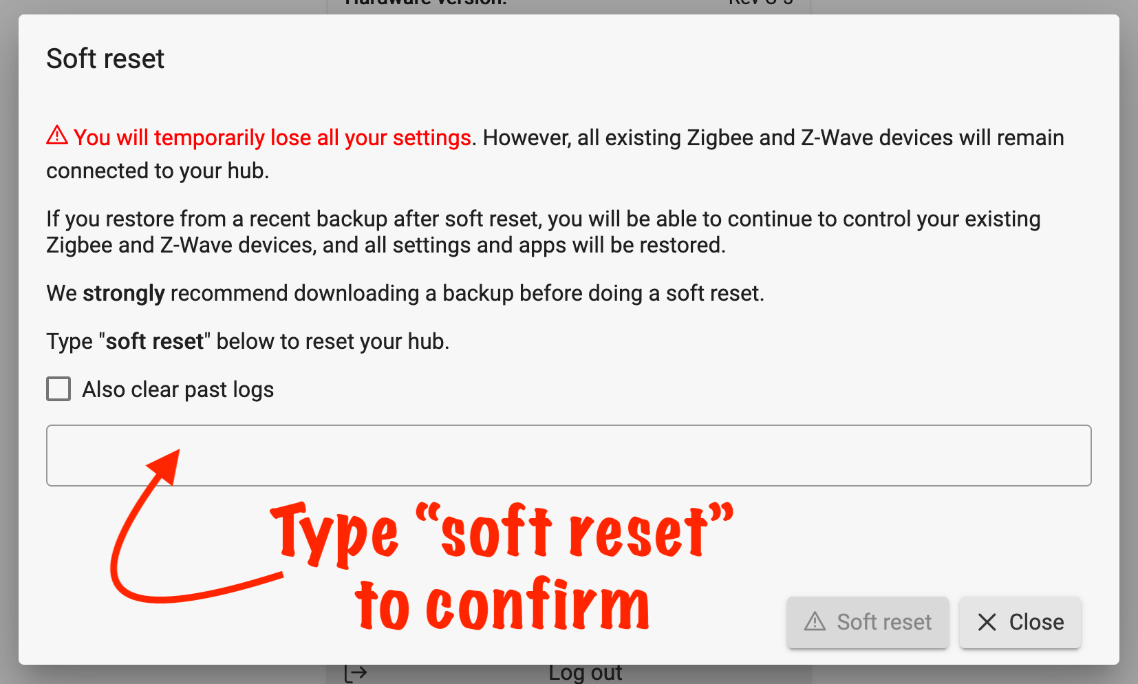 Screenshot of soft reset confirmation in Diagnostic Tool, asking to type 'soft reset' to confirm
