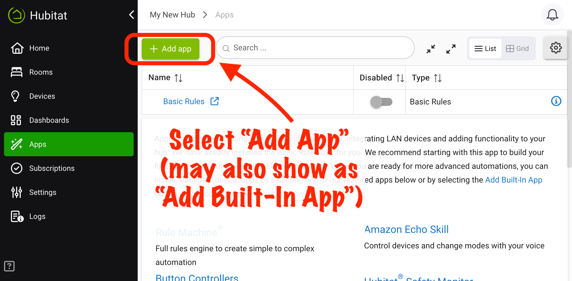 Screenshot of "Add Built-In App" button