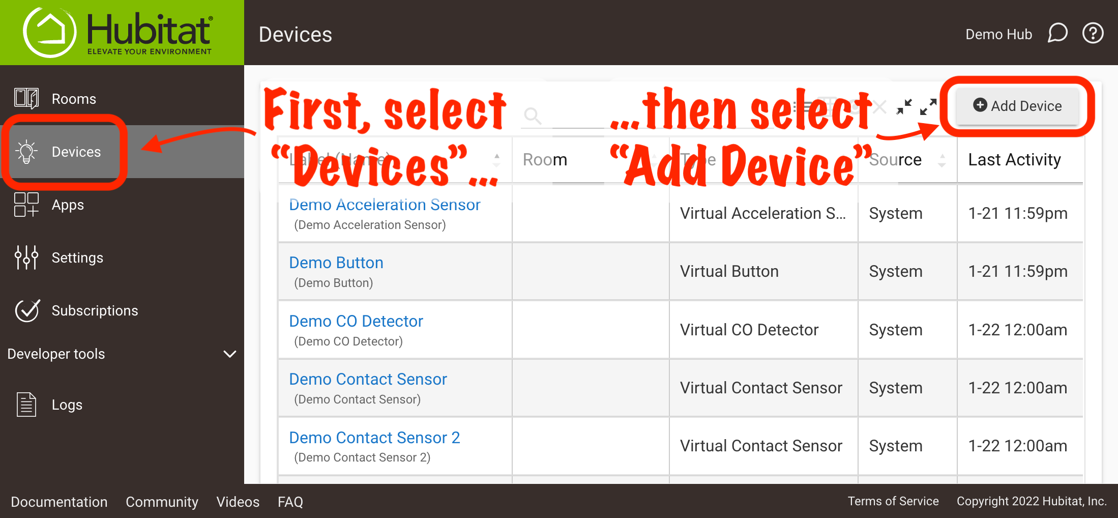 Screenshot of "Add Device" button on Devices page